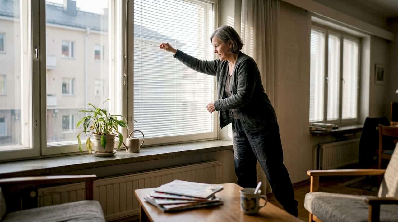 Suomalaisessa olohuoneessa nainen vetää kaihtimet alas.
