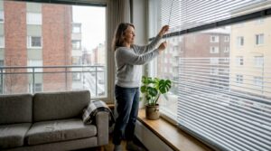 Helsinkiläisnainen säätää antistaattisia kaihtimia kotonaan