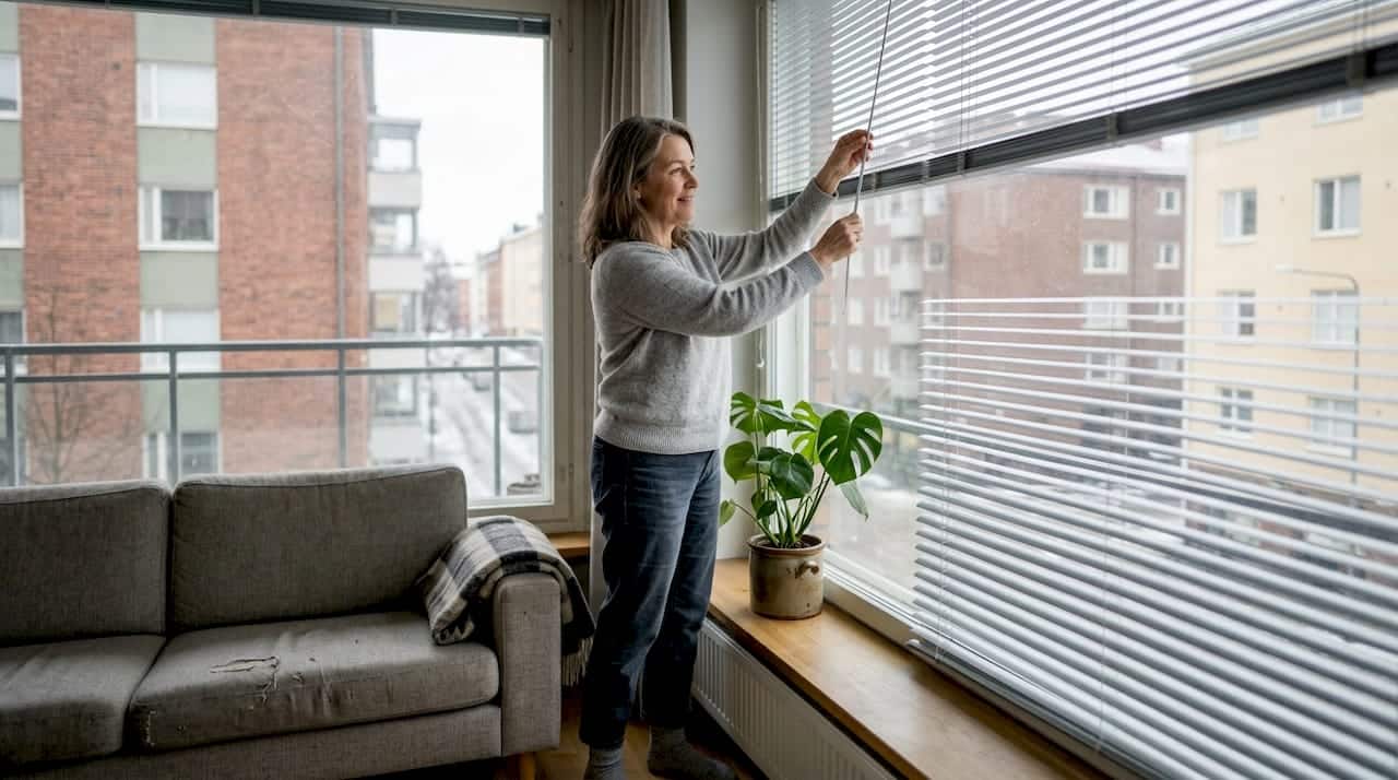 Helsinkiläisnainen säätää antistaattisia kaihtimia kotonaan