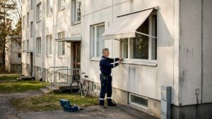 Kerrostaloasunnon ikkuna, jossa on ulkopuolinen aurinkosuoja