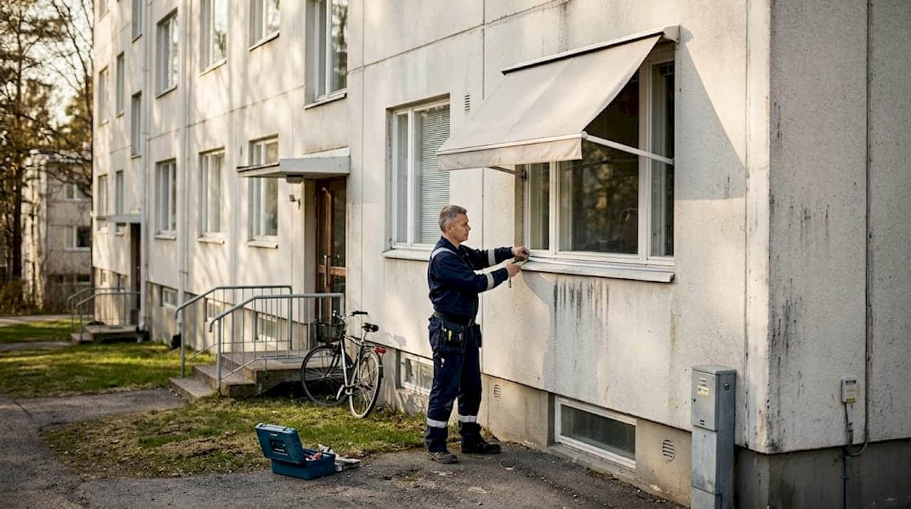 Kerrostaloasunnon ikkuna, jossa on ulkopuolinen aurinkosuoja