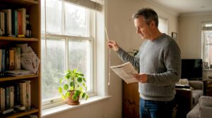 Asunnonomistaja tarkistaa aurinkosuojaverhoja mahdollisten jälkien tai naarmujen varalta.