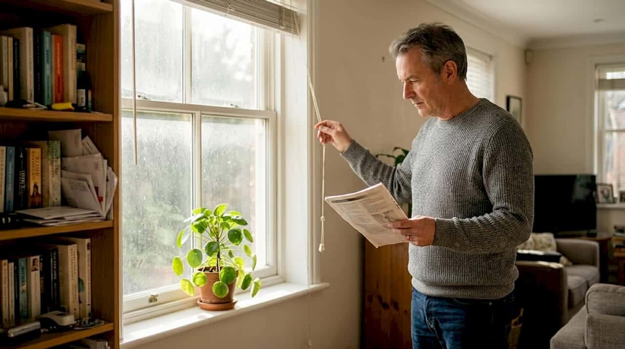 Asunnonomistaja tarkistaa aurinkosuojaverhoja mahdollisten jälkien tai naarmujen varalta.