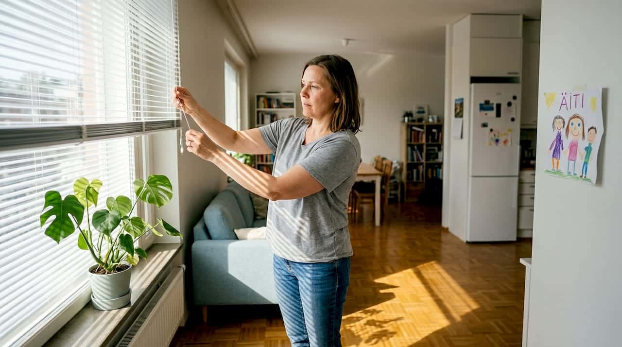 Asunnonomistaja säätää sälekaihtimia valoisassa olohuoneessa.