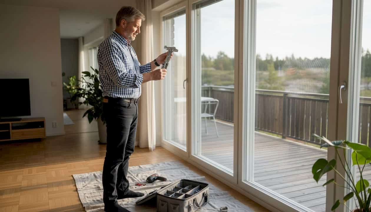 Asunnonomistaja valmistautuu asentamaan aurinkosuojan sisätiloihin.