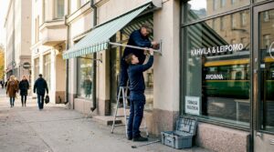 Helsinkiläisen liikkeen julkisivulle asennetaan uutta markiisia.