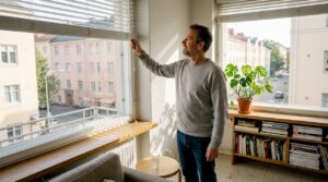 Helsinkiläisen kerrostaloasunnon olohuoneessa mies säätää sälekaihtimia.