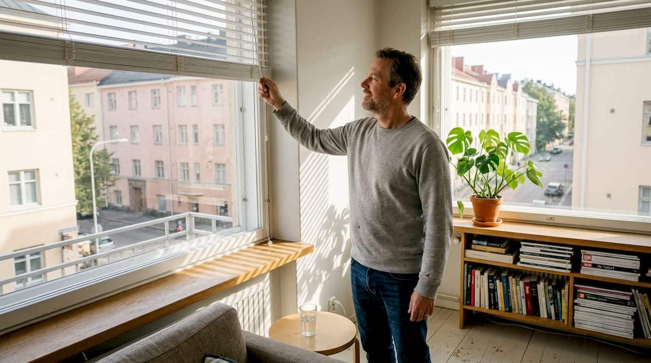 Helsinkiläisen kerrostaloasunnon olohuoneessa mies säätää sälekaihtimia.