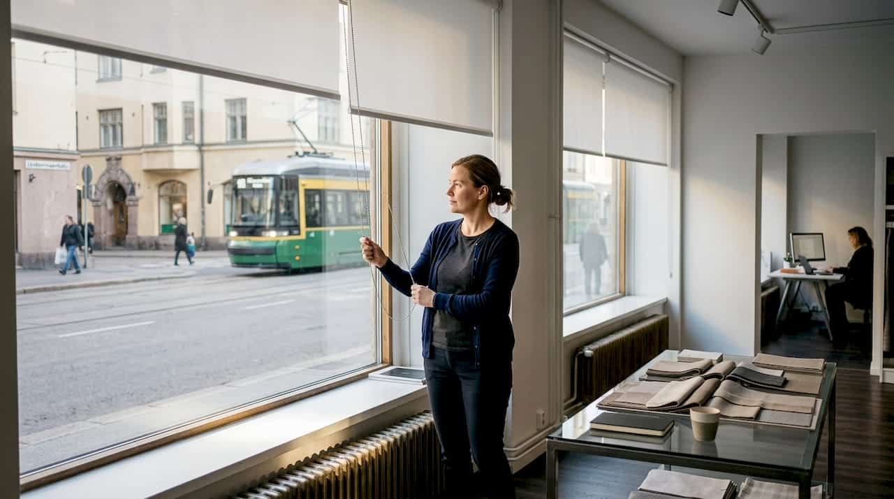 Toimistonhoitaja säätää kaihtimia helsinkiläisen yrityksen toimistolla.