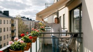 Helsinkiläisnainen avaamassa parvekkeen markiisia kerrostaloasunnossaan