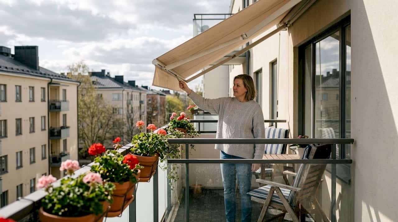 Helsinkiläisnainen avaamassa parvekkeen markiisia kerrostaloasunnossaan