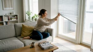 Nainen säätää kaihtimia valoisassa olohuoneessa.