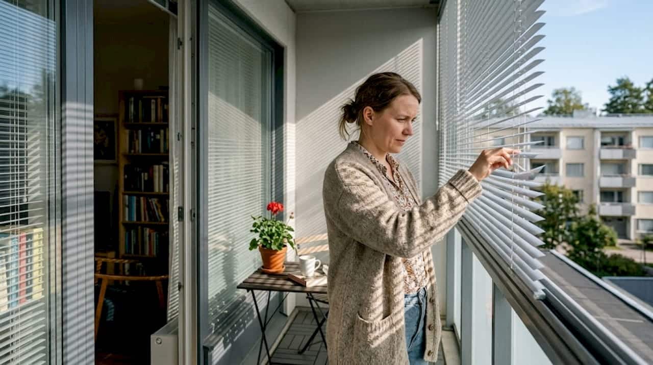 Nainen säätää parvekkeen sälekaihtimia kotonaan.