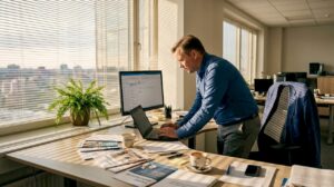 Toimistotyöntekijä työskentelee valoisassa liiketilassa auringonsuojien läheisyydessä.