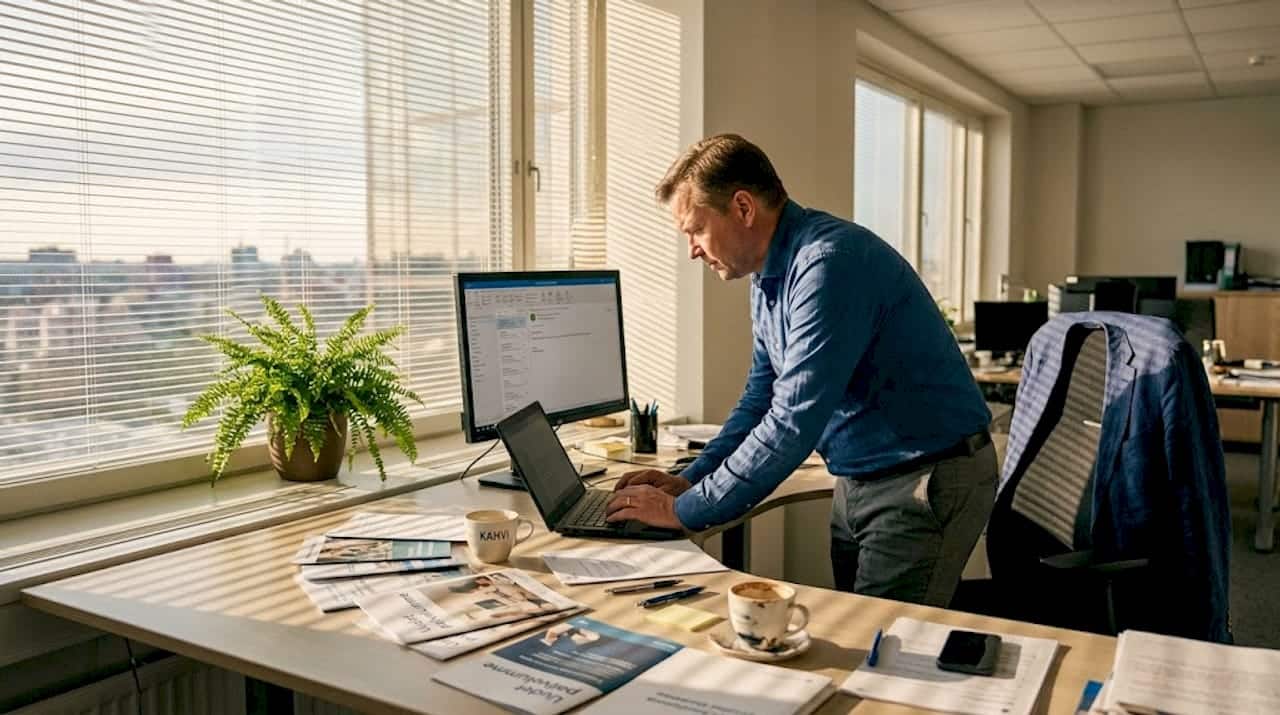 Toimistotyöntekijä työskentelee valoisassa liiketilassa auringonsuojien läheisyydessä.