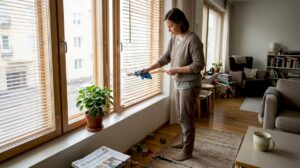 Helsinkiläisnainen pyyhkii kotinsa sälekaihtimia puhtaaksi.