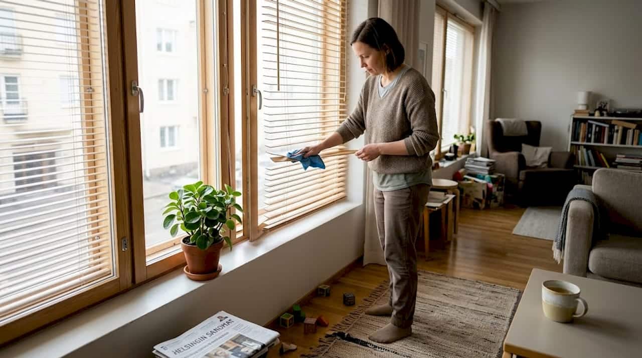 Helsinkiläisnainen pyyhkii kotinsa sälekaihtimia puhtaaksi.