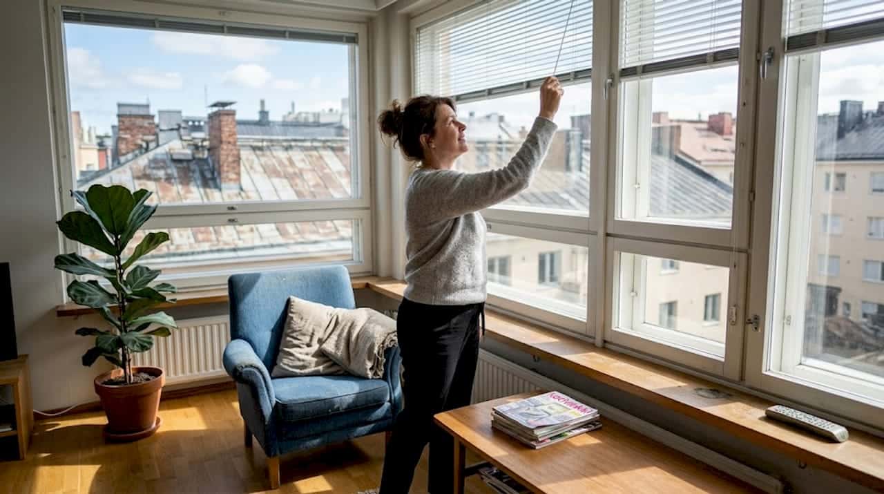 Helsinkiläisnainen säätää asuntonsa sälekaihtimia.