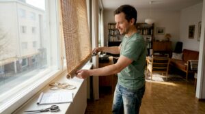 Mies mittaa bambuverhoa Helsingin-kotinsa ikkunaan.