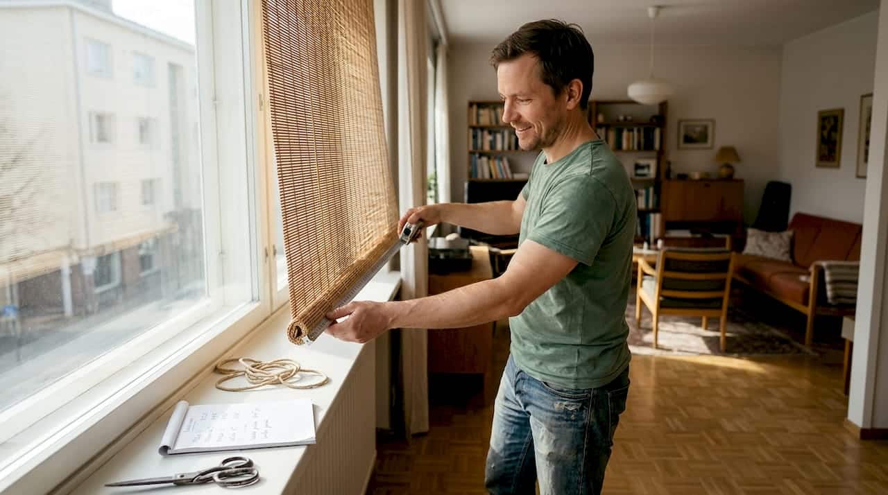 Mies mittaa bambuverhoa Helsingin-kotinsa ikkunaan.
