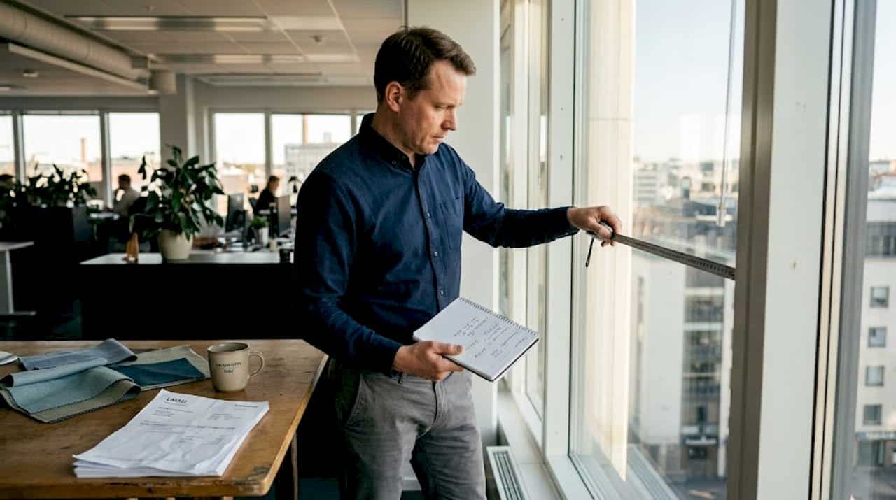 Mies mittaamassa ikkunaa toimiston sälekaihtimia varten