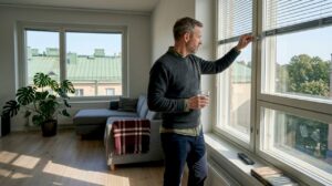 Mies säätää sälekaihtimia aurinkoisessa suomalaisessa olohuoneessa.