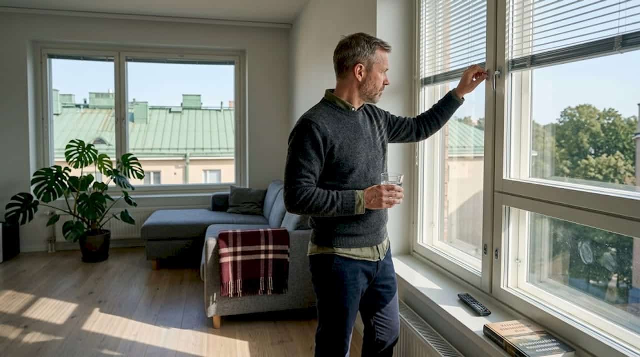 Mies säätää sälekaihtimia aurinkoisessa suomalaisessa olohuoneessa.