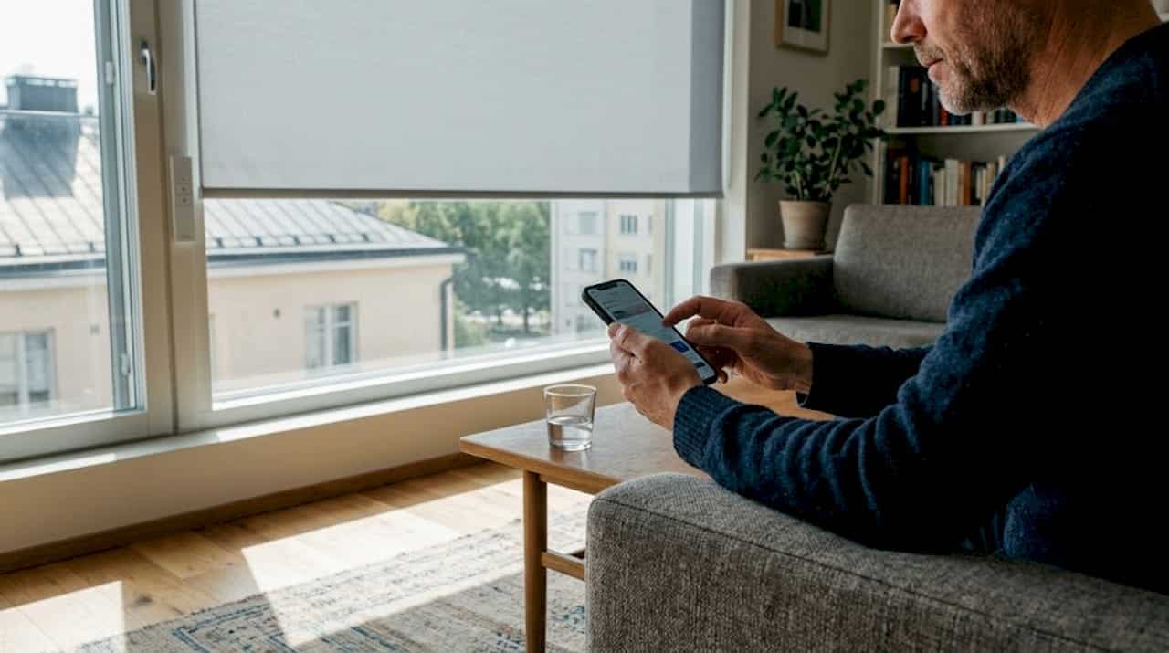 Aurinkosuoja toimii kotona kätevästi automaattisesti – ohjaus hoituu suoraan omilla laitteilla.