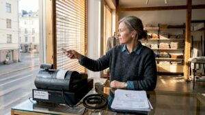 Liikkeenhoitaja säätää kaihtimia helsinkiläisessä myymälässä.