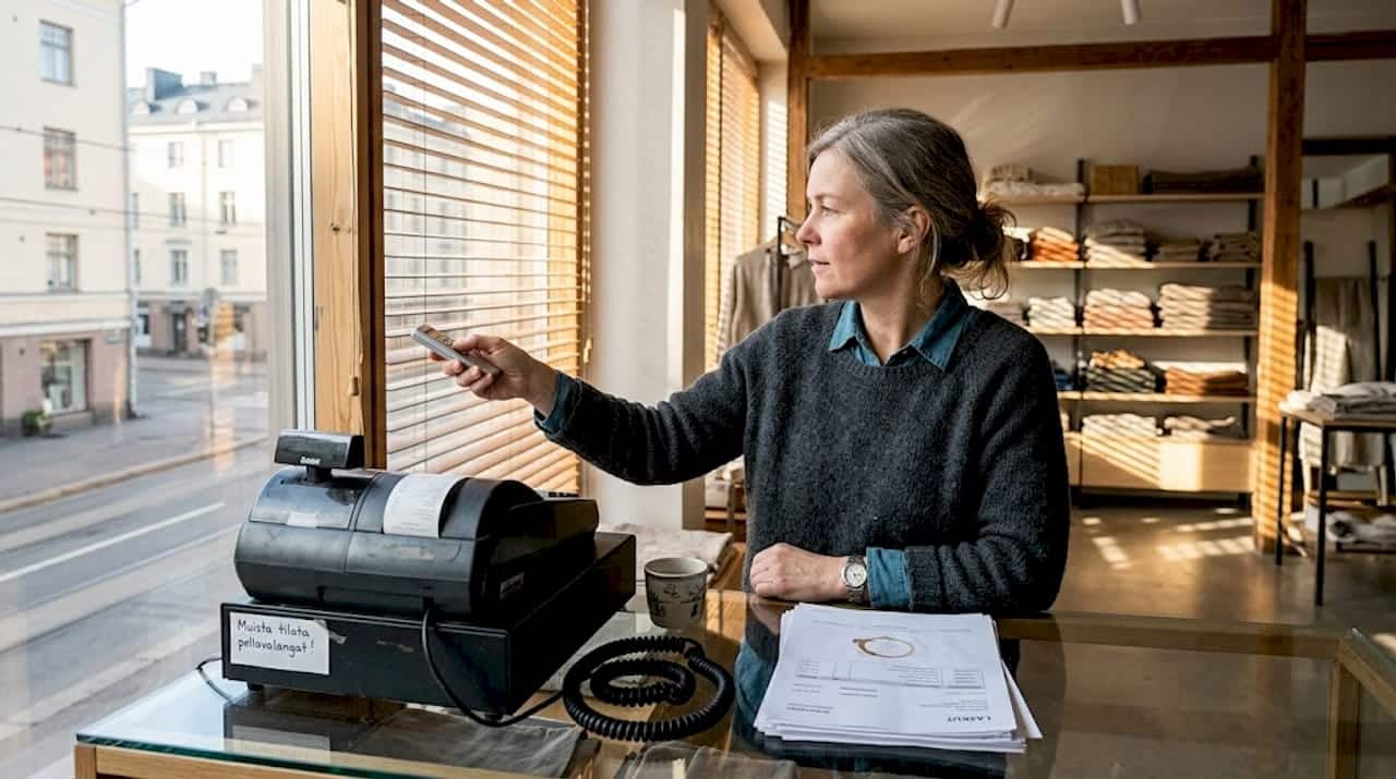 Liikkeenhoitaja säätää kaihtimia helsinkiläisessä myymälässä.